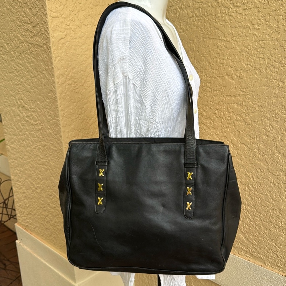 Paloma Picasso Large Black Leather Tote Handbag Double Handles